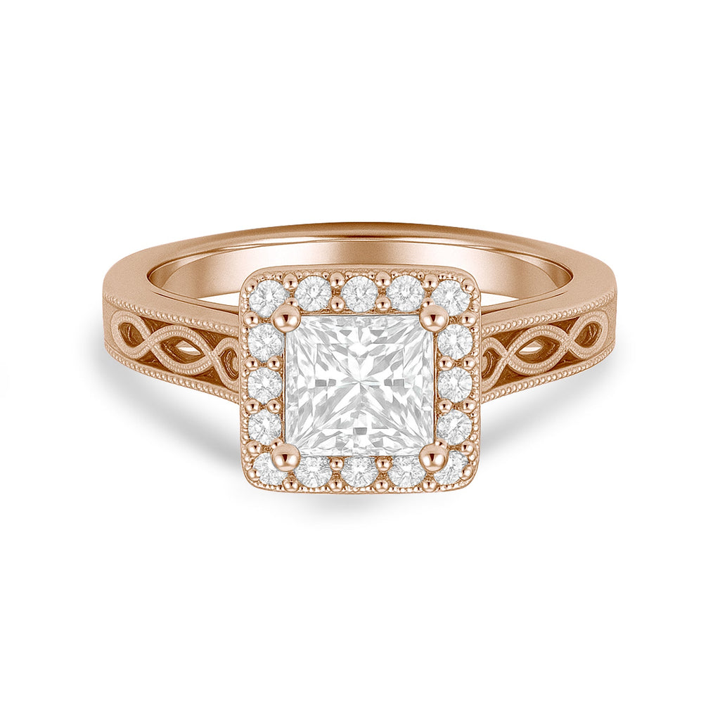 1.05 Ct Princess Moissanite Halo Vintage Engagement Ring