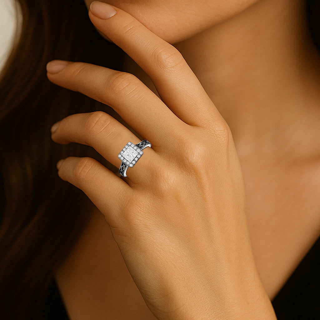 1.05 Ct Princess Moissanite Halo Vintage Engagement Ring