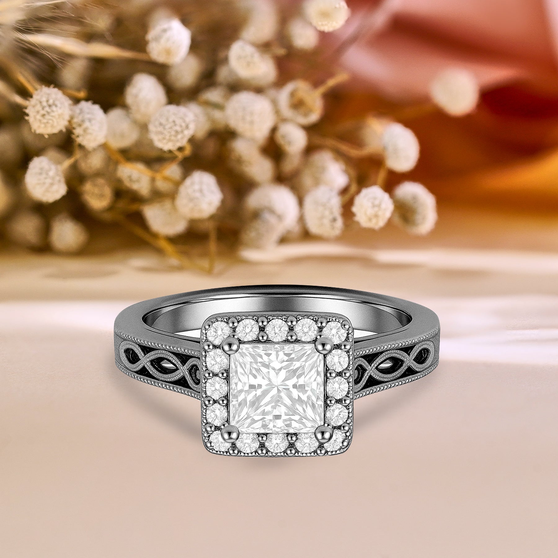 1.05 Ct Princess Moissanite Halo Vintage Engagement Ring