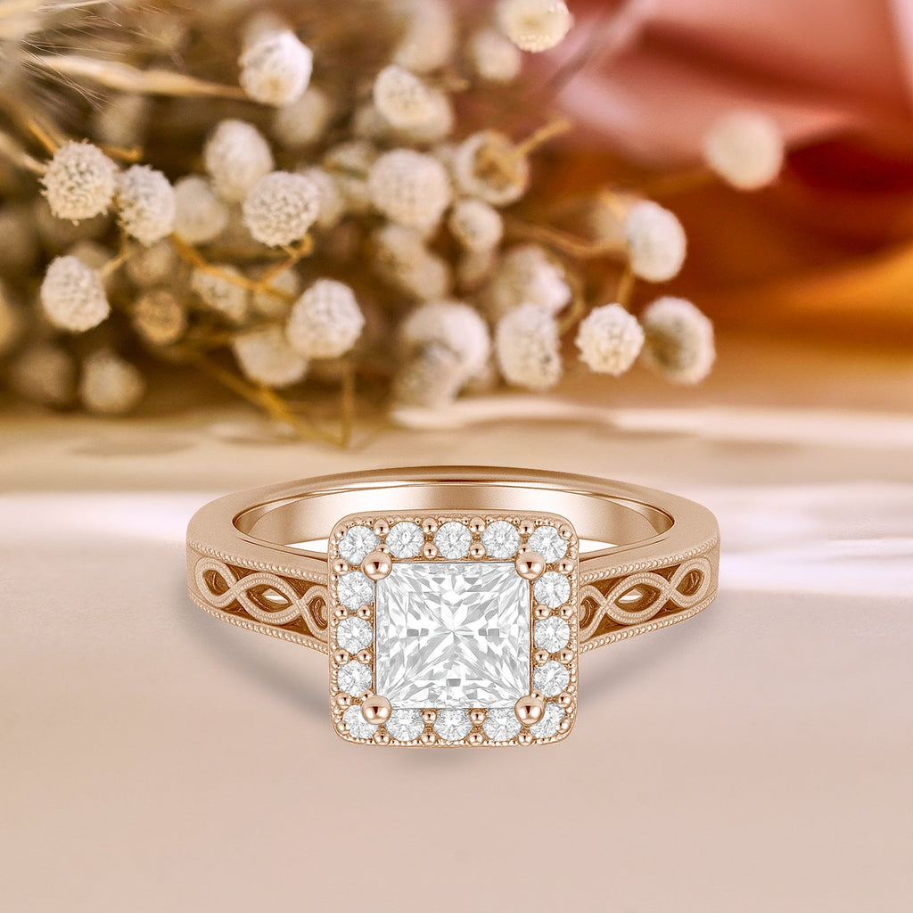 1.05 Ct Princess Moissanite Halo Vintage Engagement Ring