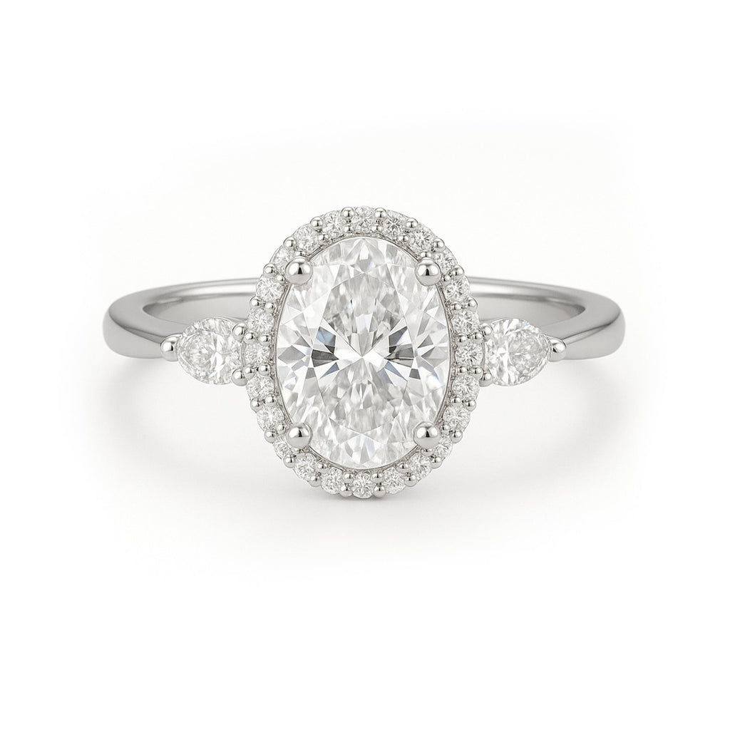 1.15 Ct Oval Moissanite Halo Three-Stone Engagement Ring