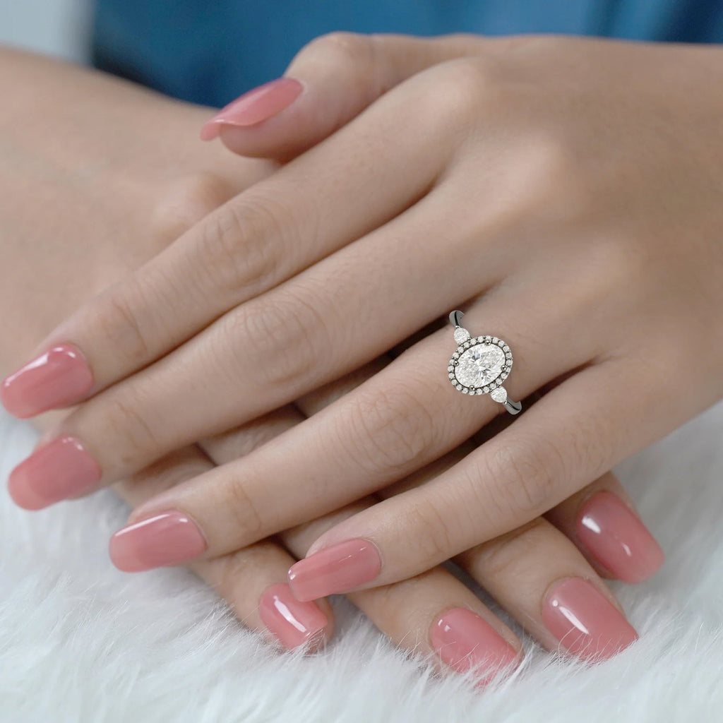 1.15 Ct Oval Moissanite Halo Three-Stone Engagement Ring