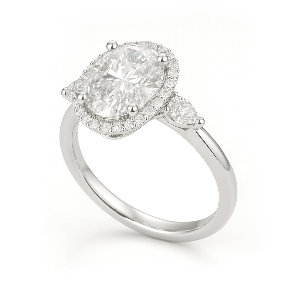 1.15 Ct Oval Moissanite Halo Three-Stone Engagement Ring