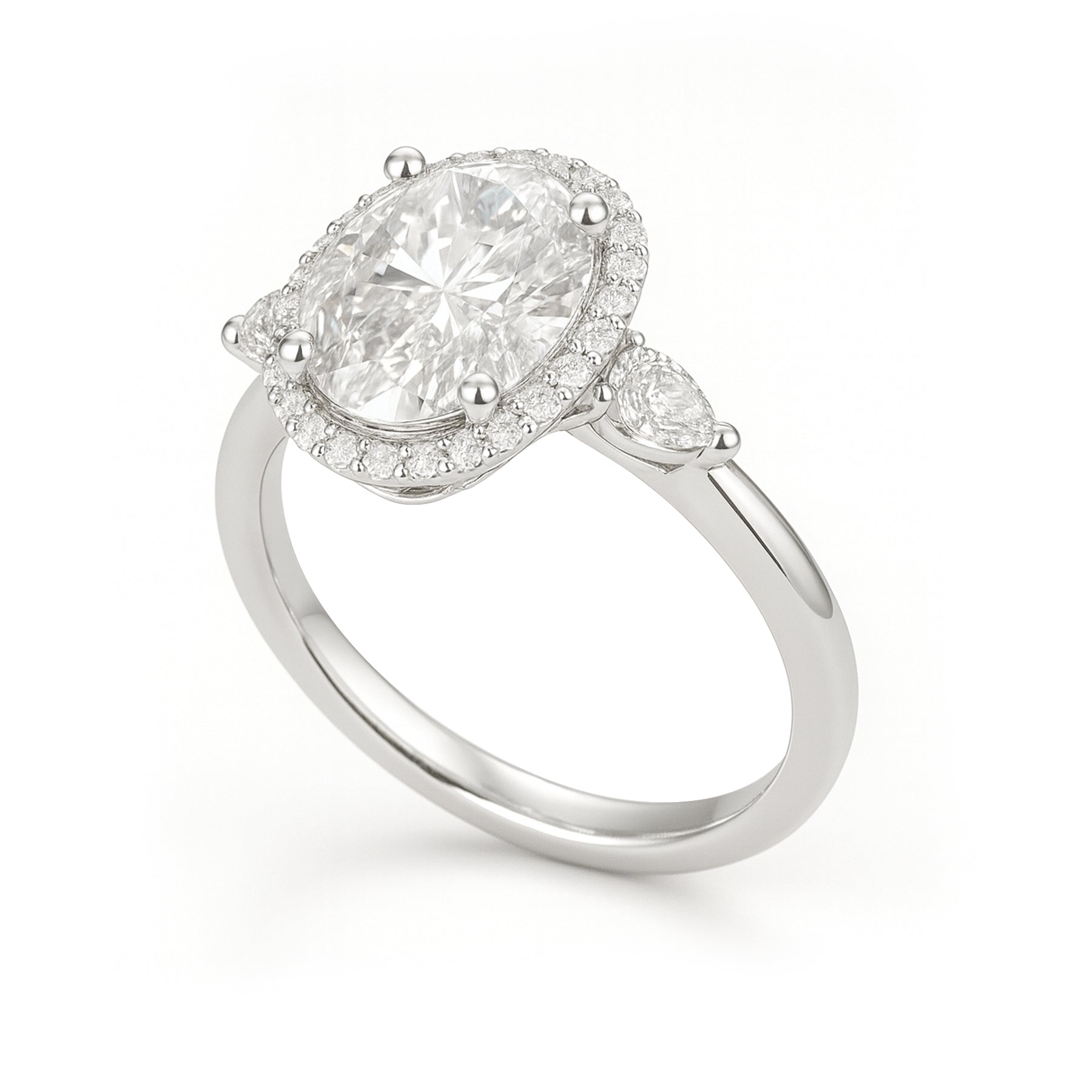 1.15 Ct Oval Moissanite Halo Three-Stone Engagement Ring