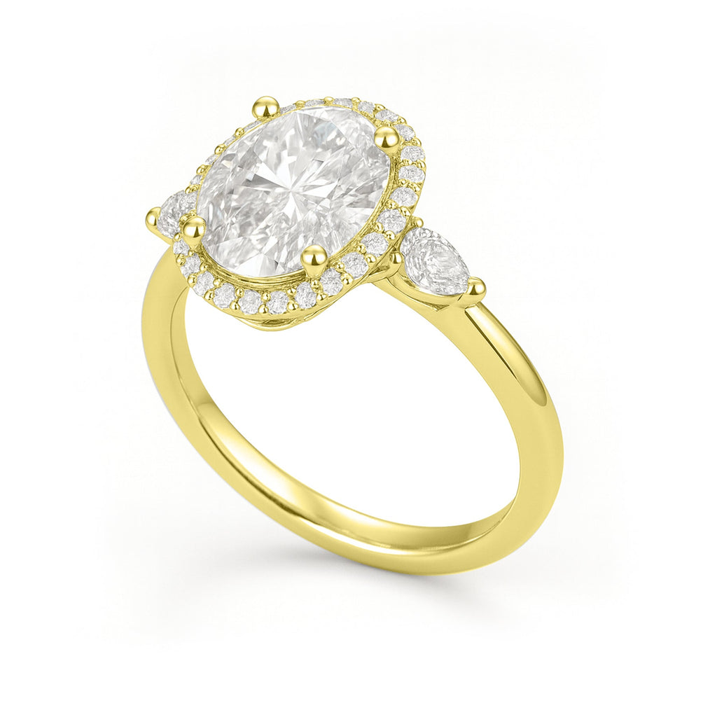 1.15 Ct Oval Moissanite Halo Three-Stone Engagement Ring