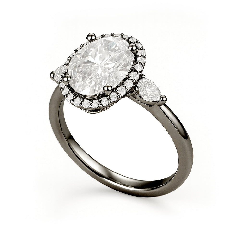 1.15 Ct Oval Moissanite Halo Three-Stone Engagement Ring