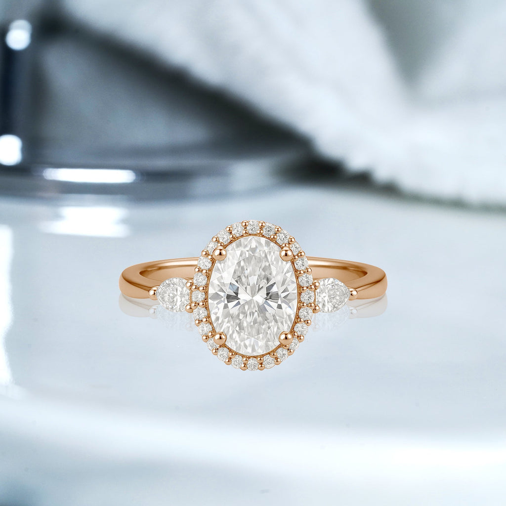 1.15 Ct Oval Moissanite Halo Three-Stone Engagement Ring