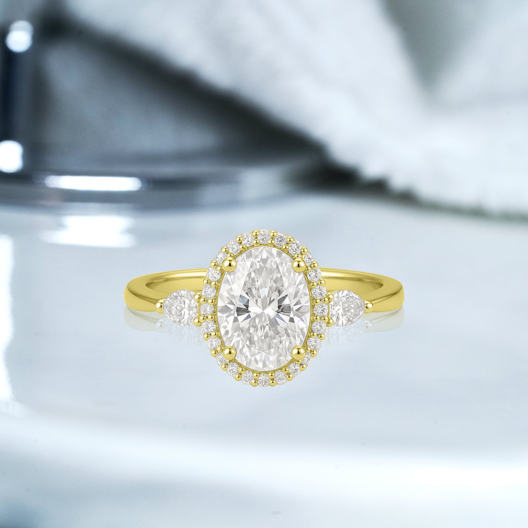 1.15 Ct Oval Moissanite Halo Three-Stone Engagement Ring