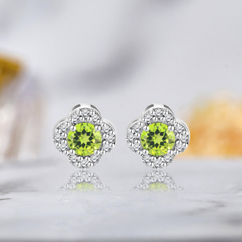 1 carat Beautiful Flower Halo Round Shaped - SWAROVSKI Peridot - August Birthstone Stud Earrings in 18K White Gold over Silver