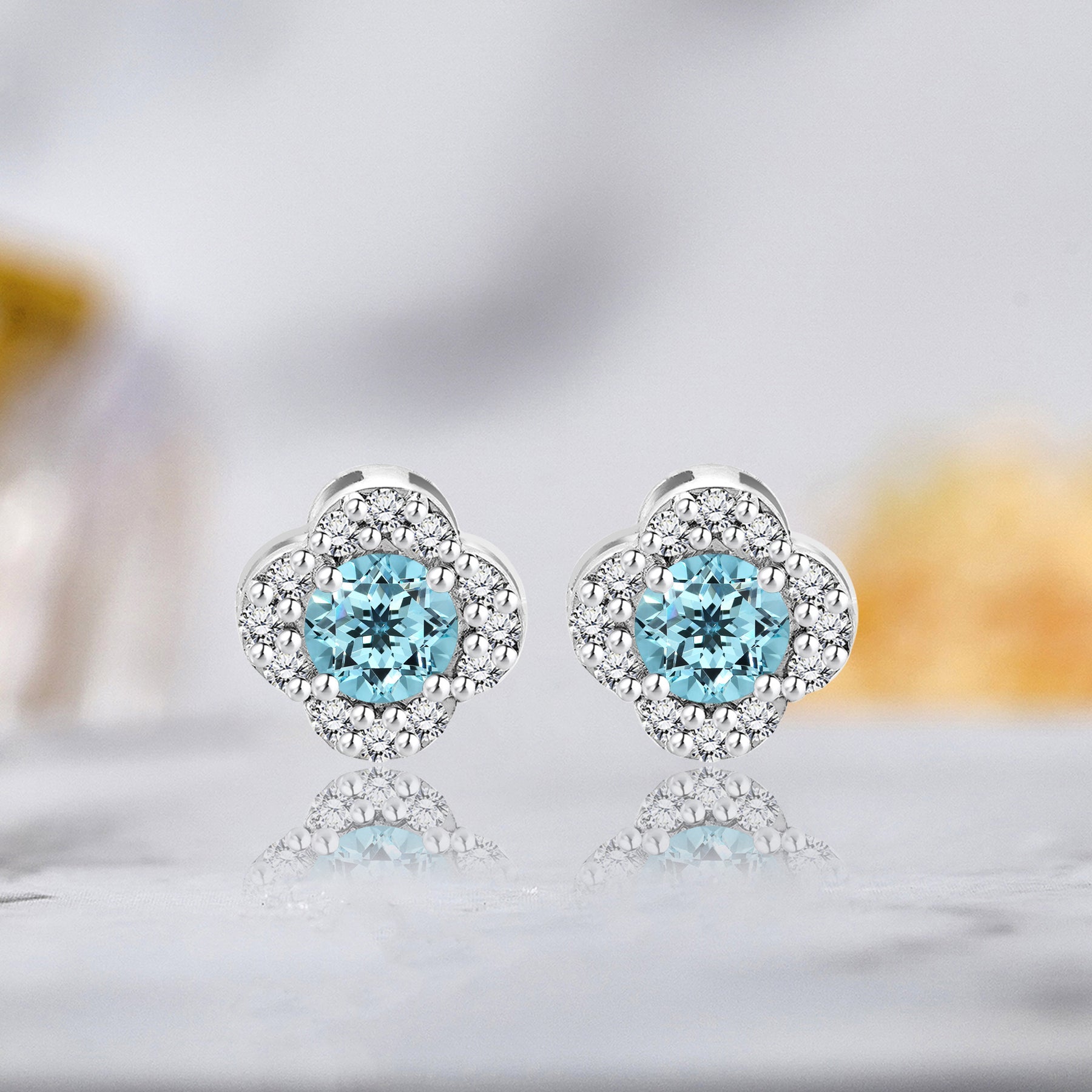 1 carat Beautiful Flower Halo Round Shaped - SWAROVSKI Blue Topaz - December Birthstone Stud Earrings in 18K White Gold over Silver
