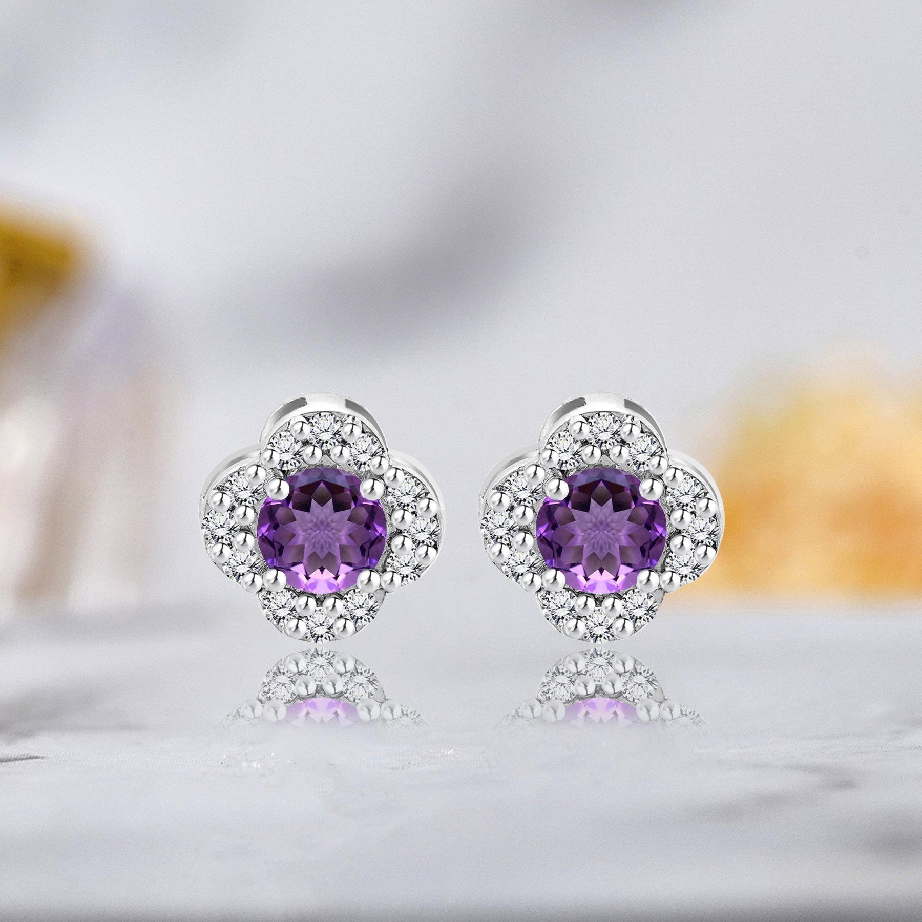 1 carat Beautiful Flower Halo Round Shaped - SWAROVSKI Amethyst - February Birthstone Stud Earrings in 18K White Gold over Silver