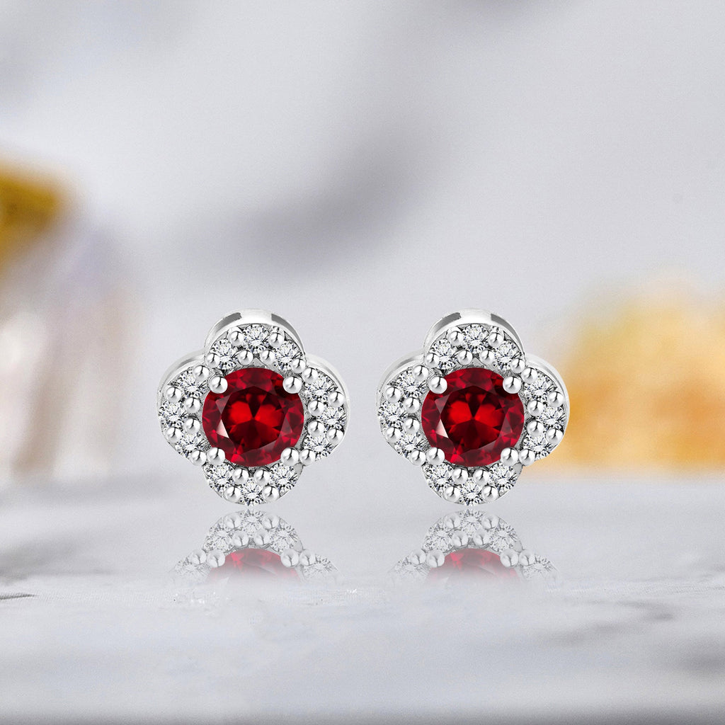 1 carat Beautiful Flower Halo Round Shaped - SWAROVSKI Garnet - January Birthstone Stud Earrings in 18K White Gold over Silver