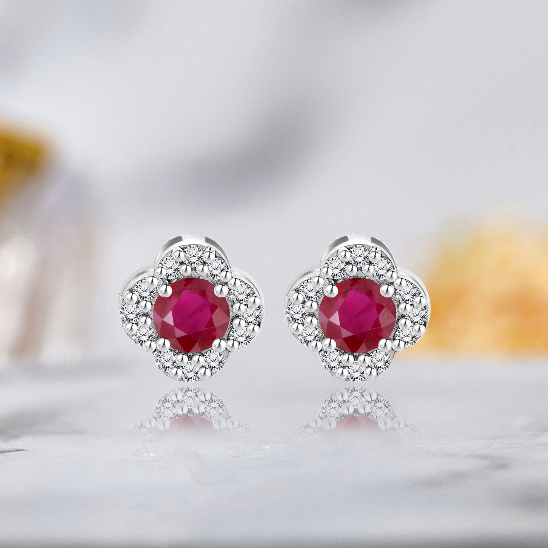 1 carat Beautiful Flower Halo Round Shaped - SWAROVSKI Ruby - July Birthstone Stud Earrings in 18K White Gold over Silver