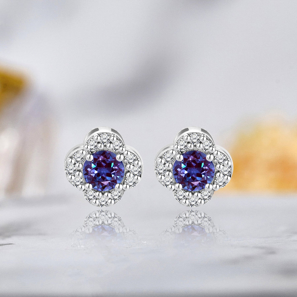 1 carat Beautiful Flower Halo Round Shaped - SWAROVSKI Alexandrite - June Birthstone Stud Earrings in 18K White Gold over Silver