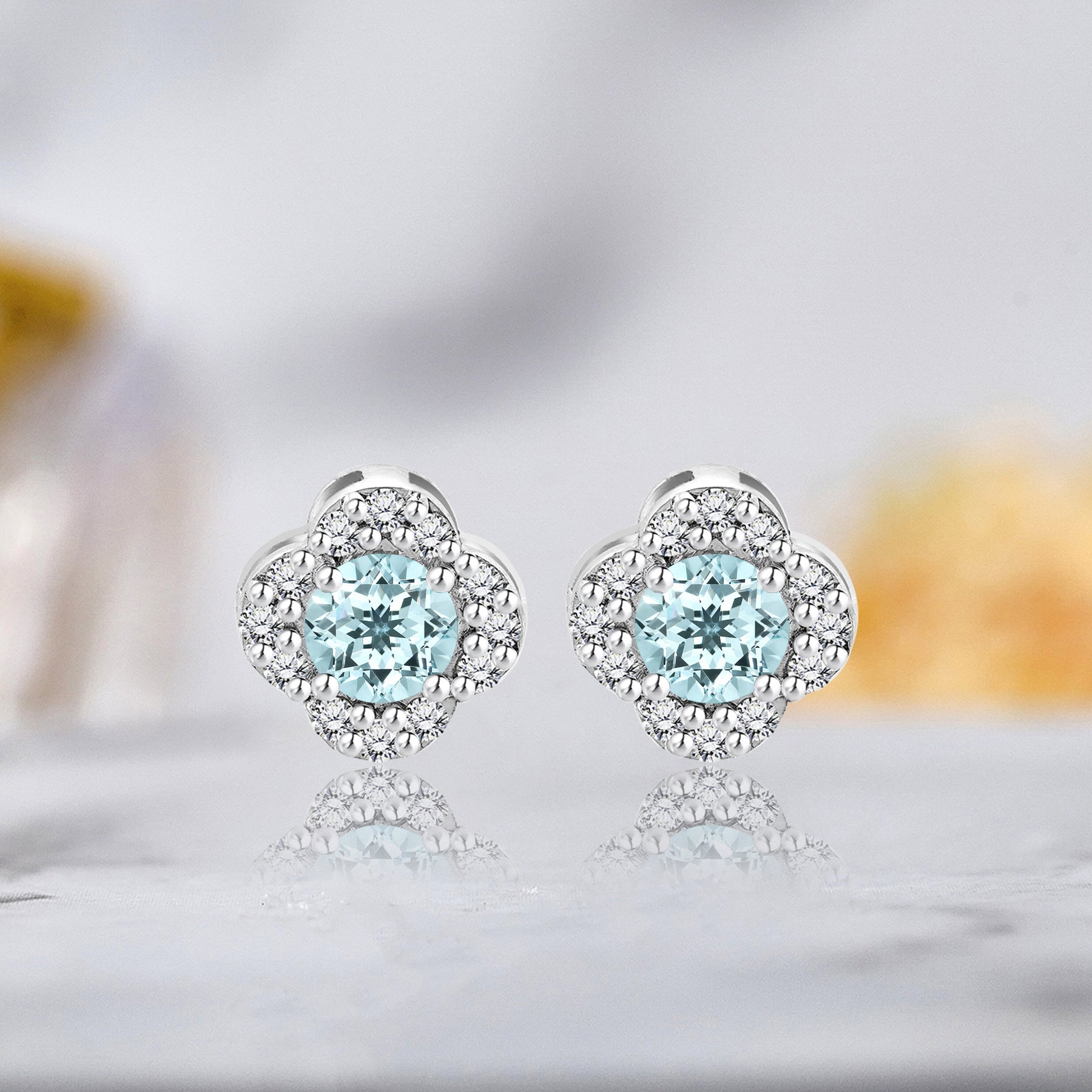 1 carat Beautiful Flower Halo Round Shaped - SWAROVSKI Aquamarine - March Birthstone Stud Earrings in 18K White Gold over Silver