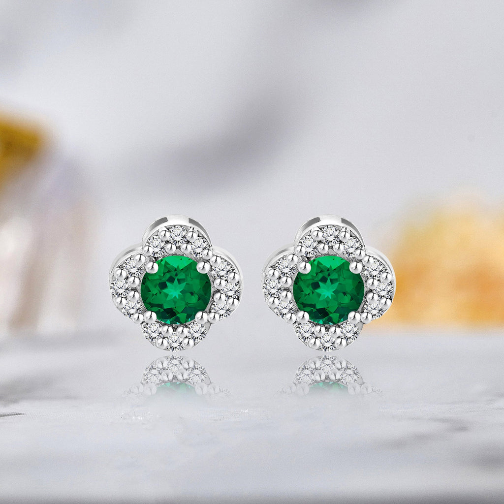 1 carat Beautiful Flower Halo Round Shaped - SWAROVSKI Emerald - May Birthstone Stud Earrings in 18K White Gold over Silver