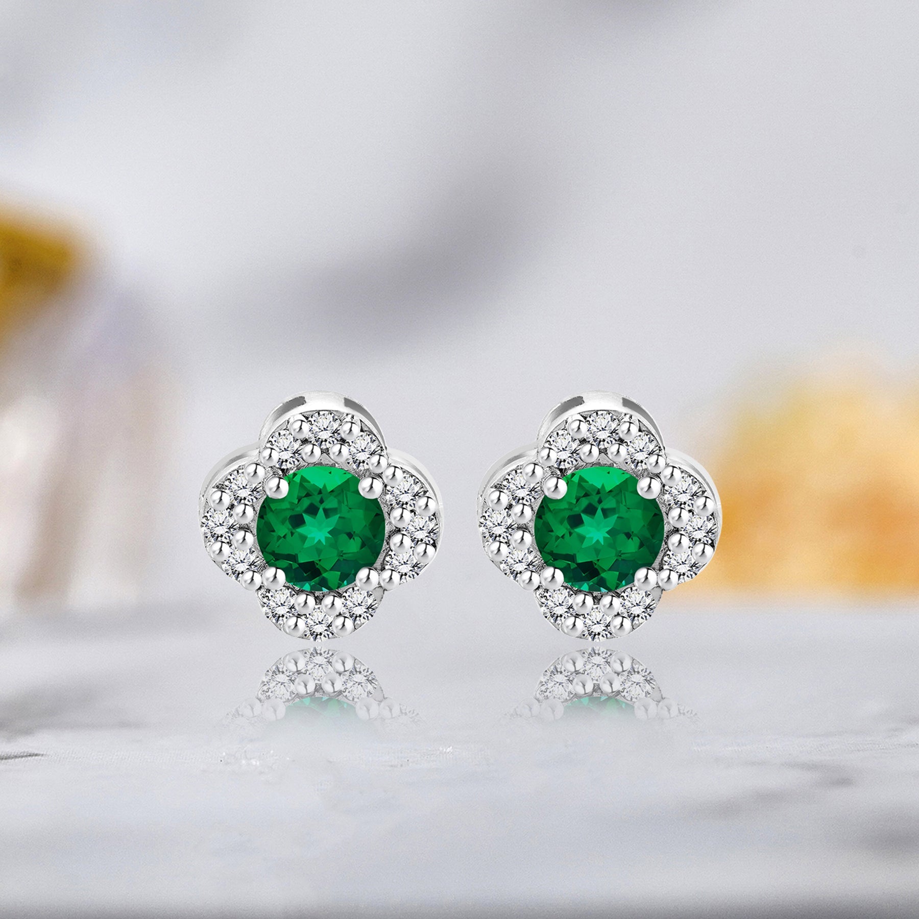 1 carat Beautiful Flower Halo Round Shaped - SWAROVSKI Emerald - May Birthstone Stud Earrings in 18K White Gold over Silver