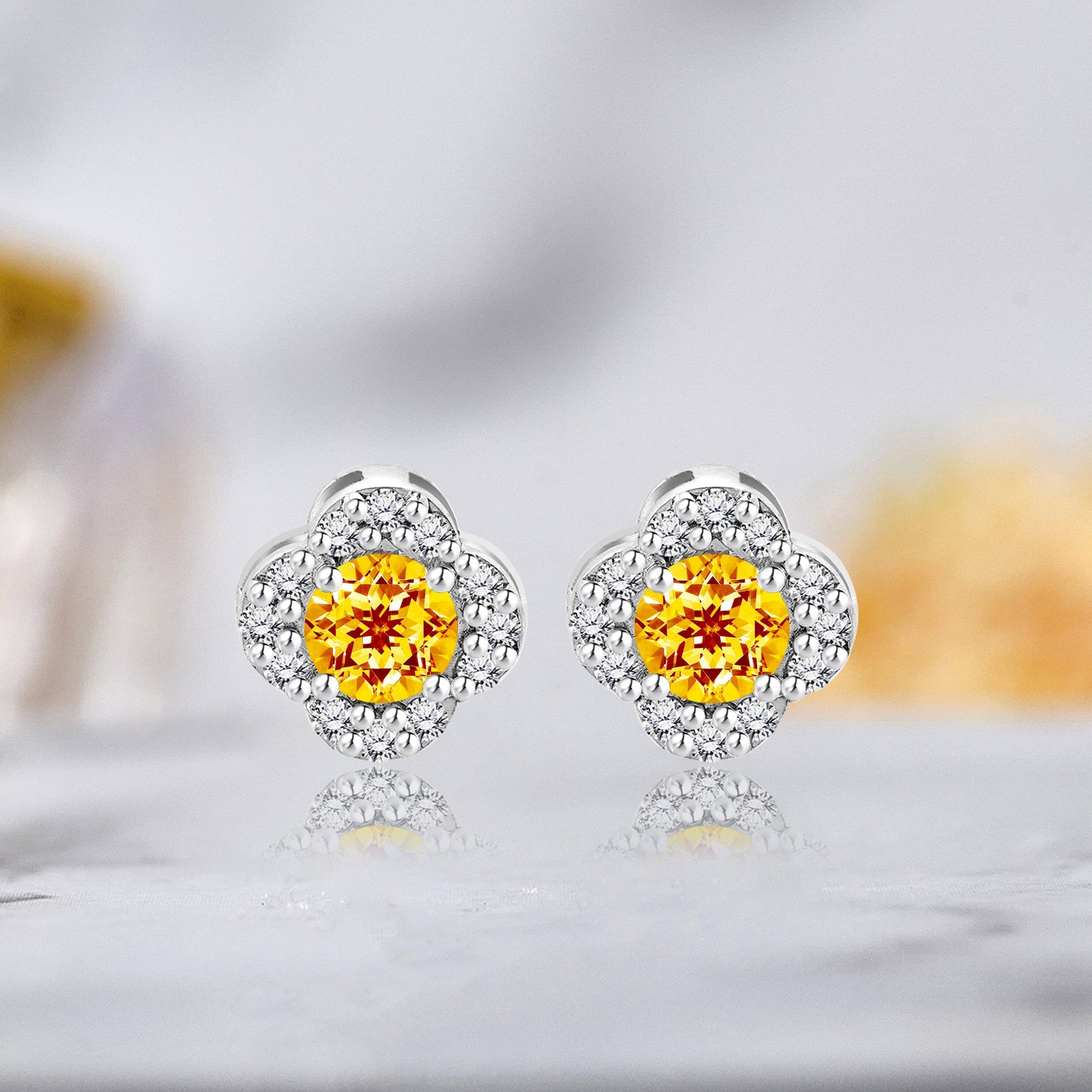 1 carat Beautiful Flower Halo Round Shaped - SWAROVSKI Citrine - November Birthstone Stud Earrings in 18K White Gold over Silver