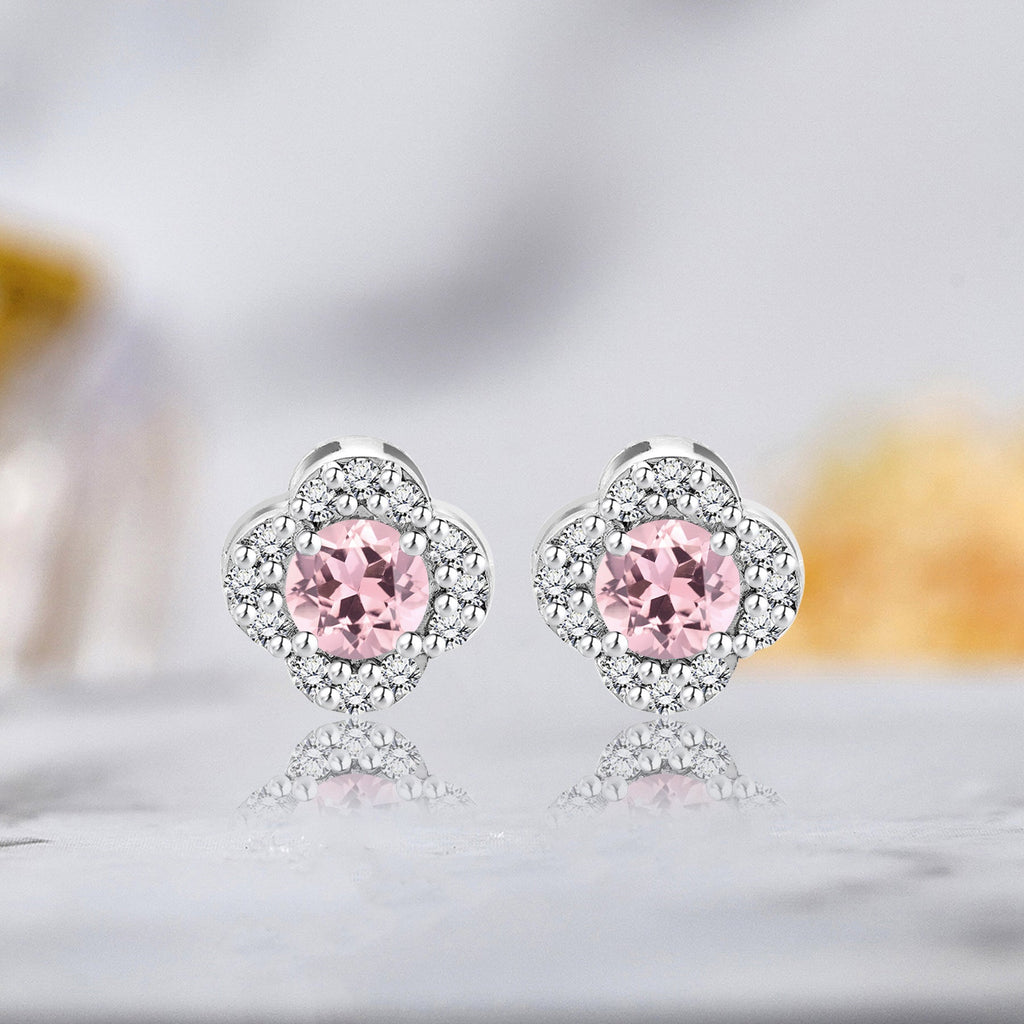 1 carat Beautiful Flower Halo Round Shaped - SWAROVSKI Pink Tourmaline - October Birthstone Stud Earrings in 18K White Gold over Silver