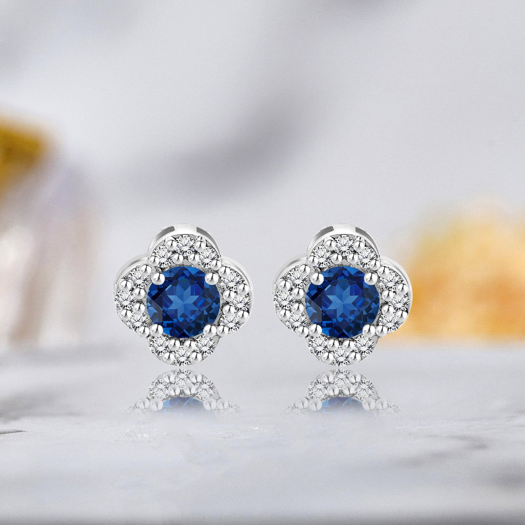 1 carat Beautiful Flower Halo Round Shaped - SWAROVSKI Blue Sapphire - September Birthstone Stud Earrings in 18K White Gold over Silver
