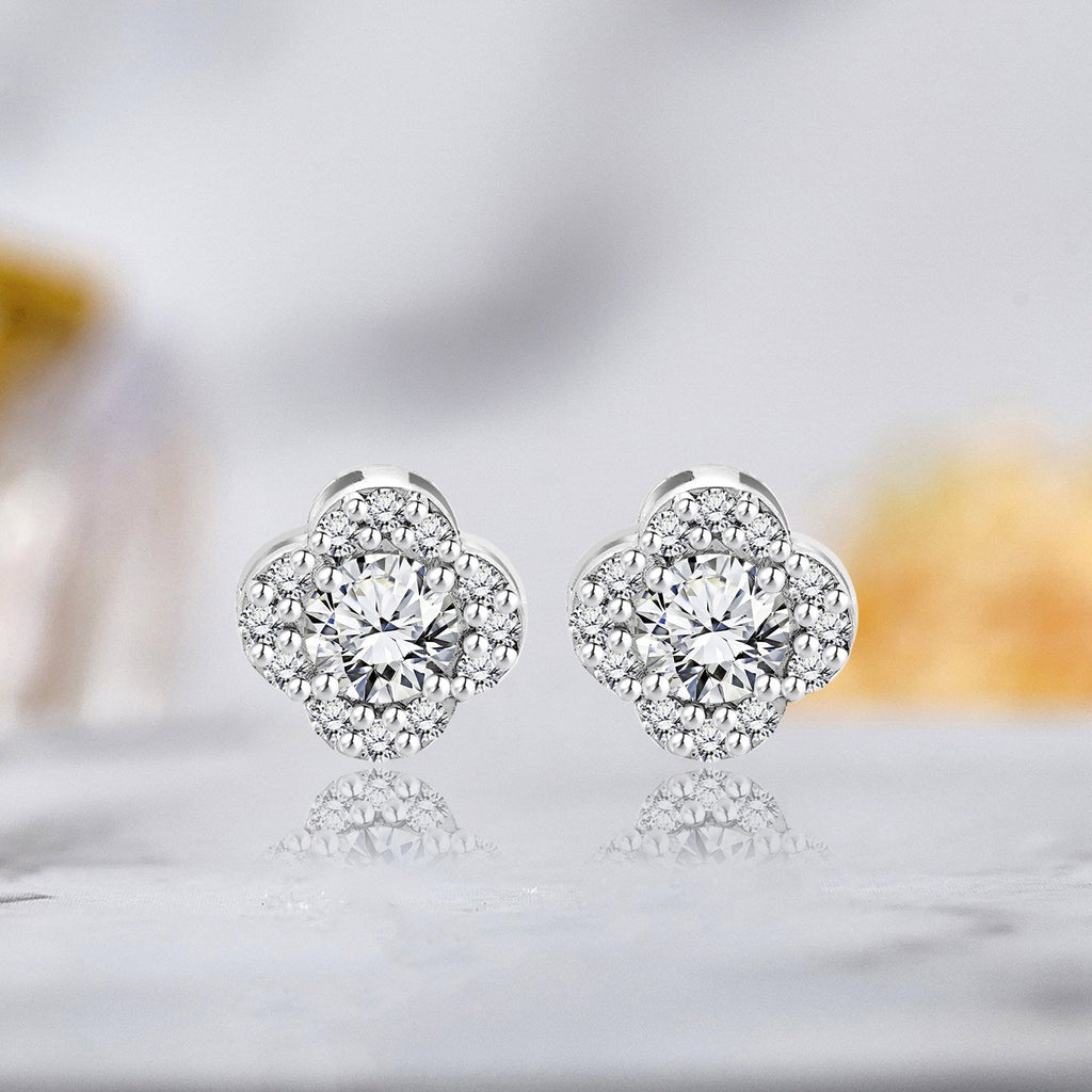 1 carat Beautiful Flower Halo Round Shaped - SWAROVSKI Moissanite - April Birthstone Stud Earrings in 18K White Gold over Silver