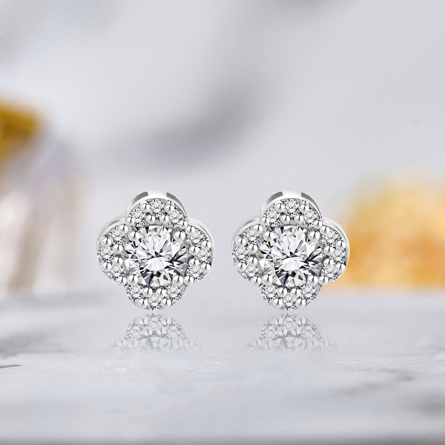 1 carat Beautiful Flower Halo Round Shaped - SWAROVSKI Moissanite - April Birthstone Stud Earrings in 18K White Gold over Silver