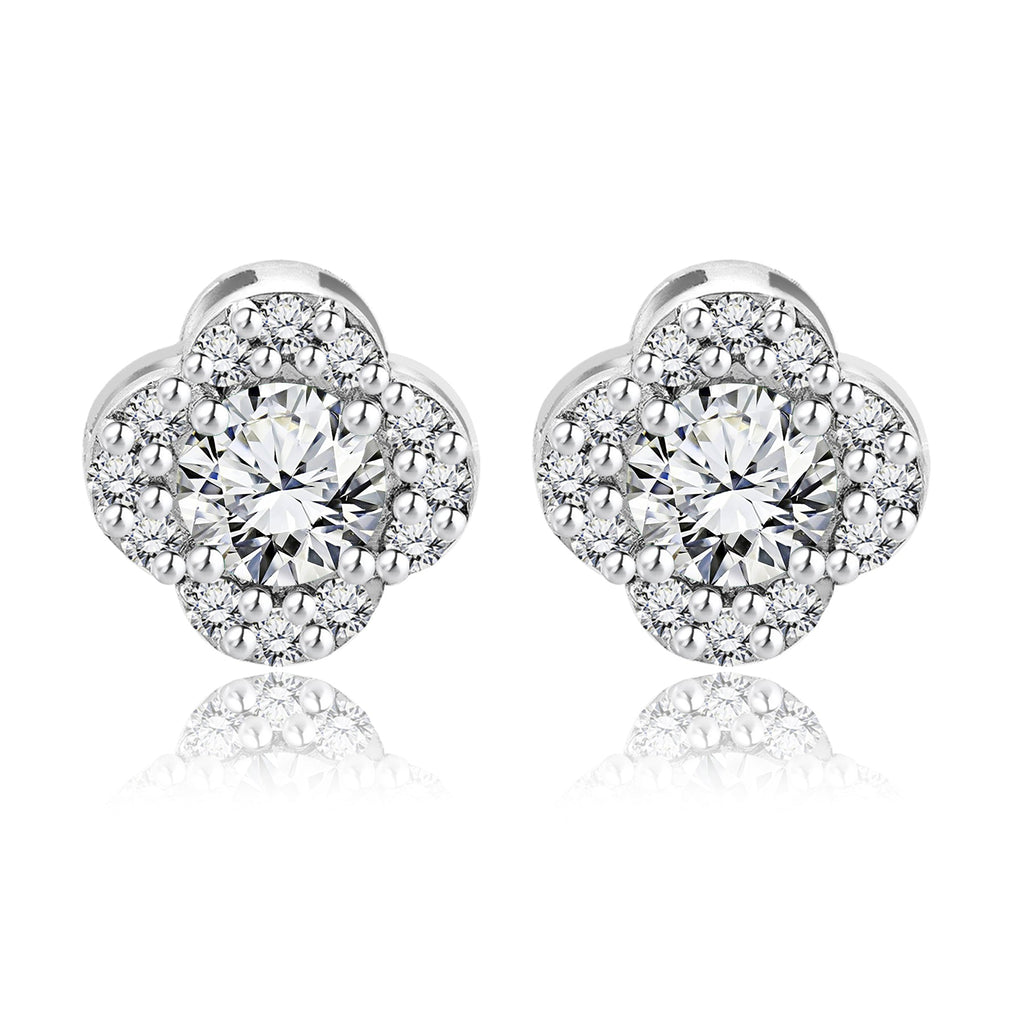 1 carat Beautiful Flower Halo Round Shaped - SWAROVSKI Moissanite - April Birthstone Stud Earrings in 18K White Gold over Silver