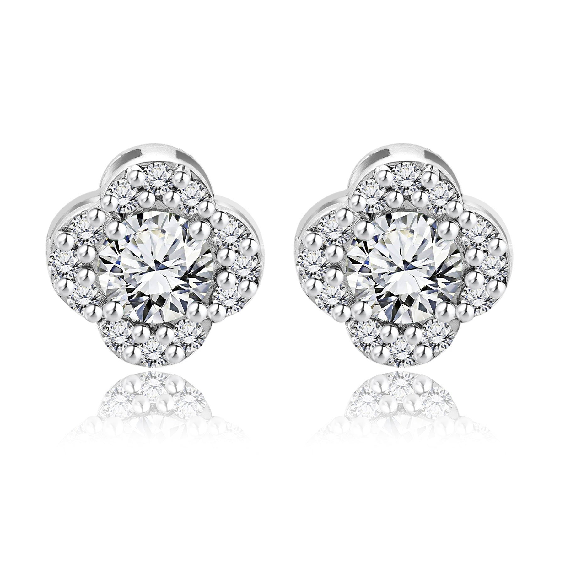 1 carat Beautiful Flower Halo Round Shaped - SWAROVSKI Moissanite - April Birthstone Stud Earrings in 18K White Gold over Silver