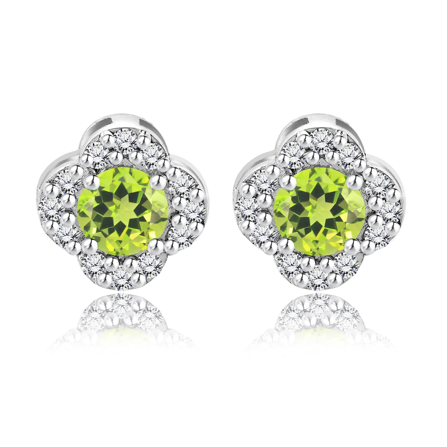 1 carat Beautiful Flower Halo Round Shaped - SWAROVSKI Peridot - August Birthstone Stud Earrings in 18K White Gold over Silver