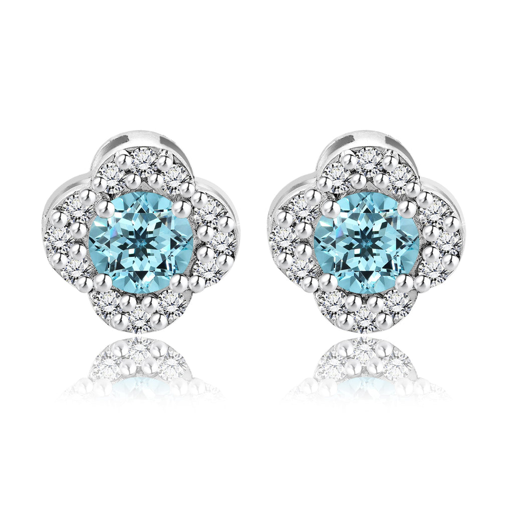 1 carat Beautiful Flower Halo Round Shaped - SWAROVSKI Blue Topaz - December Birthstone Stud Earrings in 18K White Gold over Silver