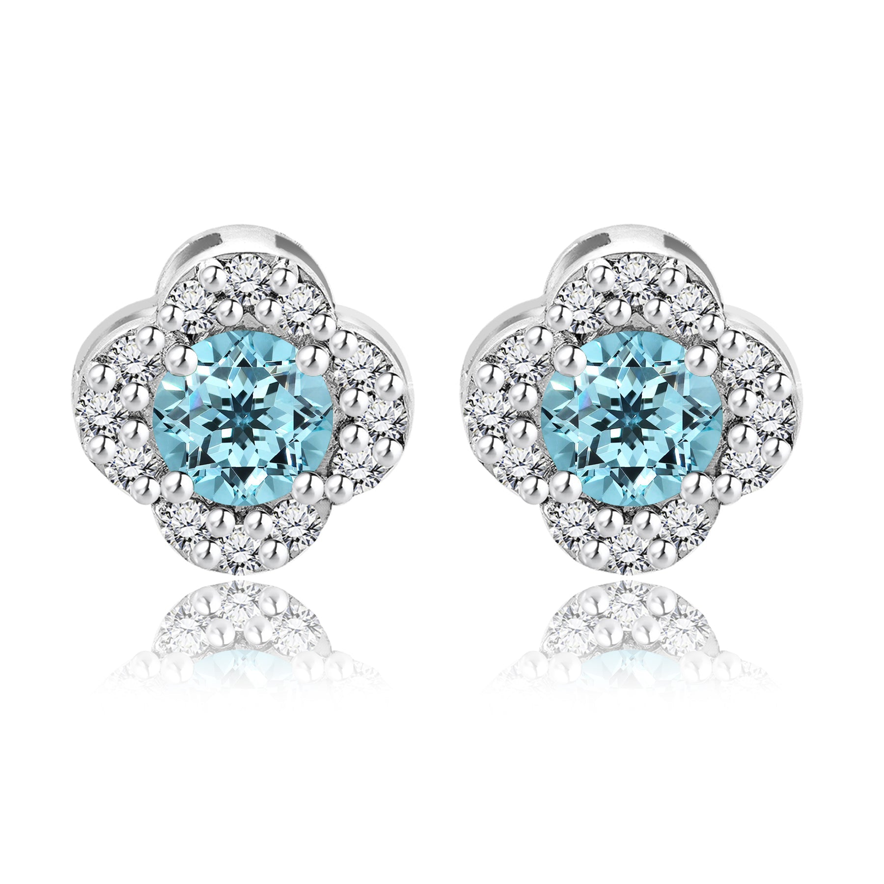 1 carat Beautiful Flower Halo Round Shaped - SWAROVSKI Blue Topaz - December Birthstone Stud Earrings in 18K White Gold over Silver