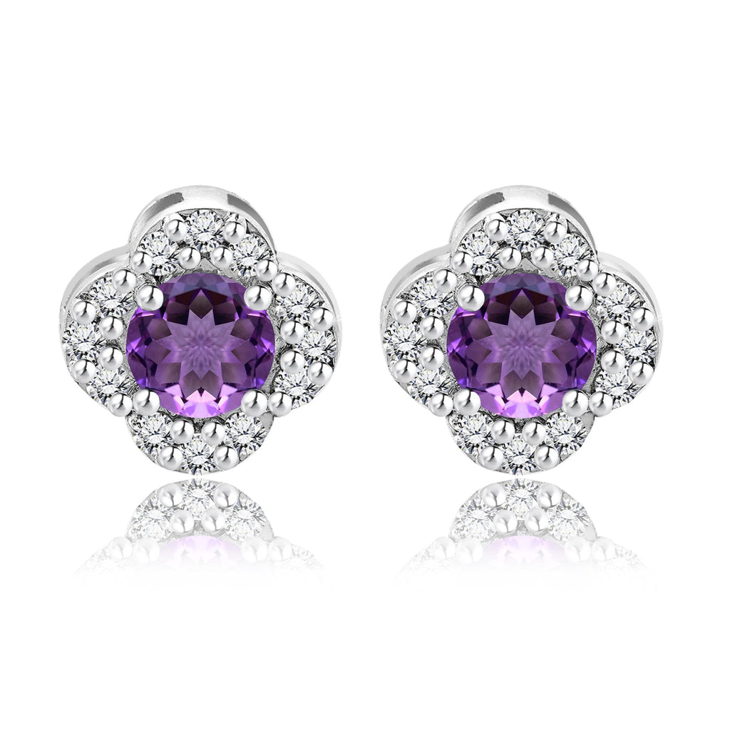 1 carat Beautiful Flower Halo Round Shaped - SWAROVSKI Amethyst - February Birthstone Stud Earrings in 18K White Gold over Silver