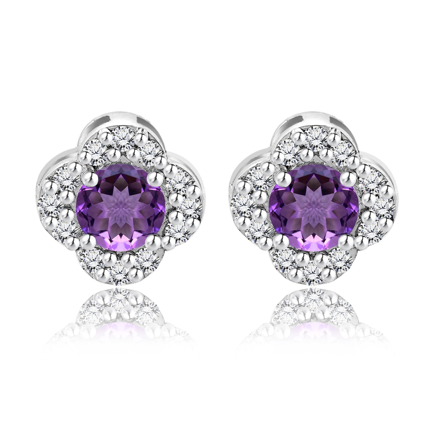 1 carat Beautiful Flower Halo Round Shaped - SWAROVSKI Amethyst - February Birthstone Stud Earrings in 18K White Gold over Silver