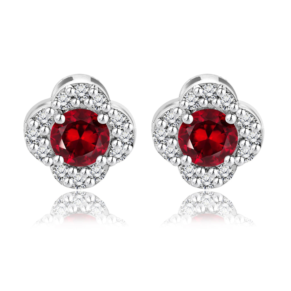 1 carat Beautiful Flower Halo Round Shaped - SWAROVSKI Garnet - January Birthstone Stud Earrings in 18K White Gold over Silver