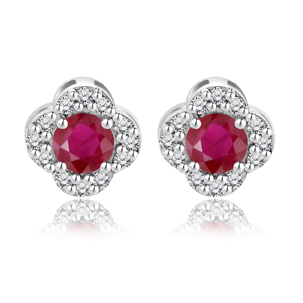 1 carat Beautiful Flower Halo Round Shaped - SWAROVSKI Ruby - July Birthstone Stud Earrings in 18K White Gold over Silver