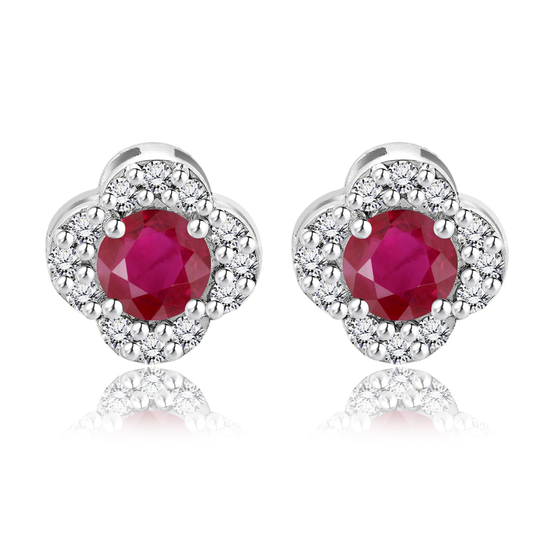 1 carat Beautiful Flower Halo Round Shaped - SWAROVSKI Ruby - July Birthstone Stud Earrings in 18K White Gold over Silver