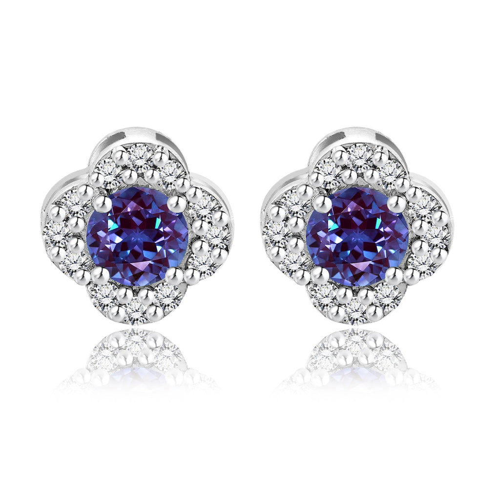 1 carat Beautiful Flower Halo Round Shaped - SWAROVSKI Alexandrite - June Birthstone Stud Earrings in 18K White Gold over Silver