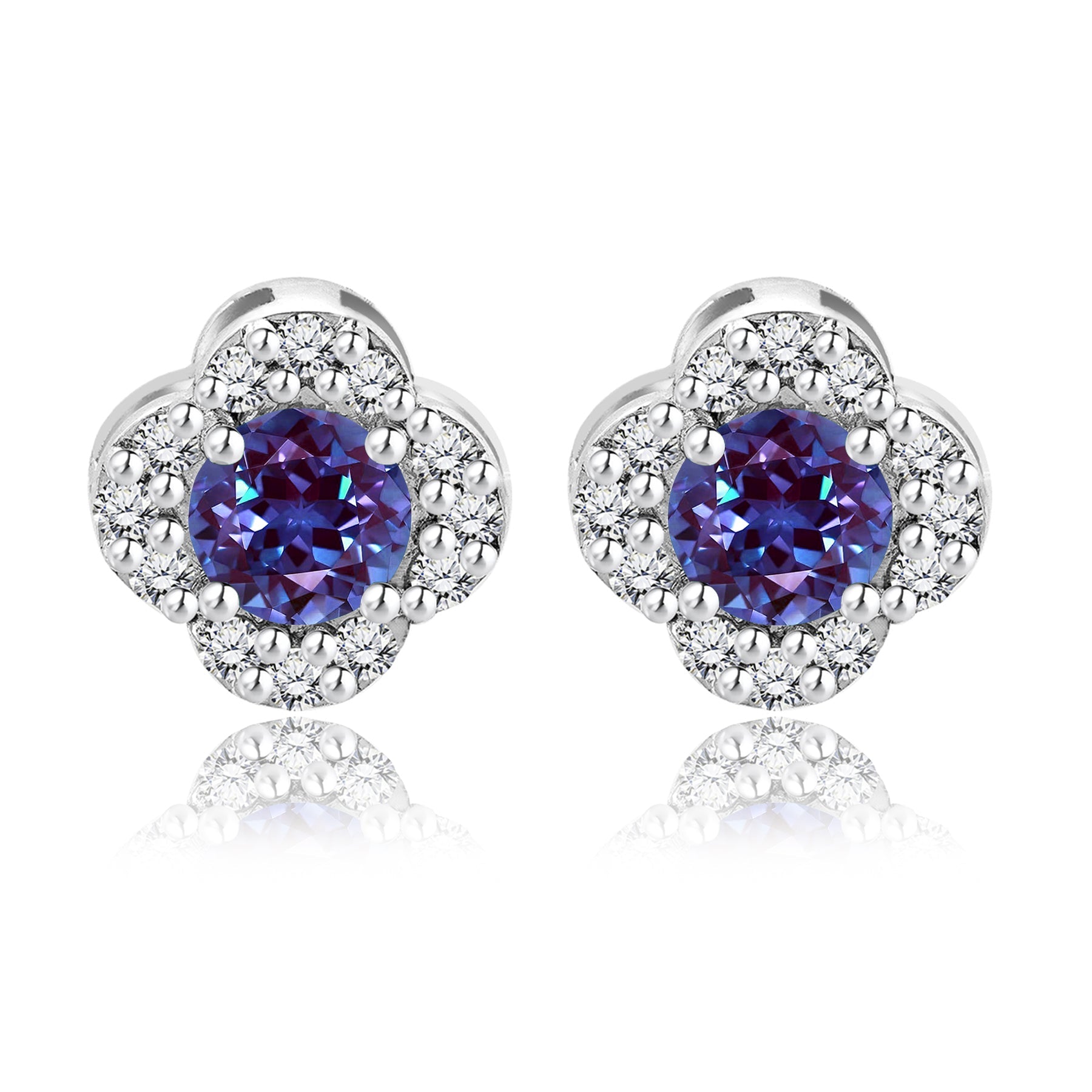 1 carat Beautiful Flower Halo Round Shaped - SWAROVSKI Alexandrite - June Birthstone Stud Earrings in 18K White Gold over Silver