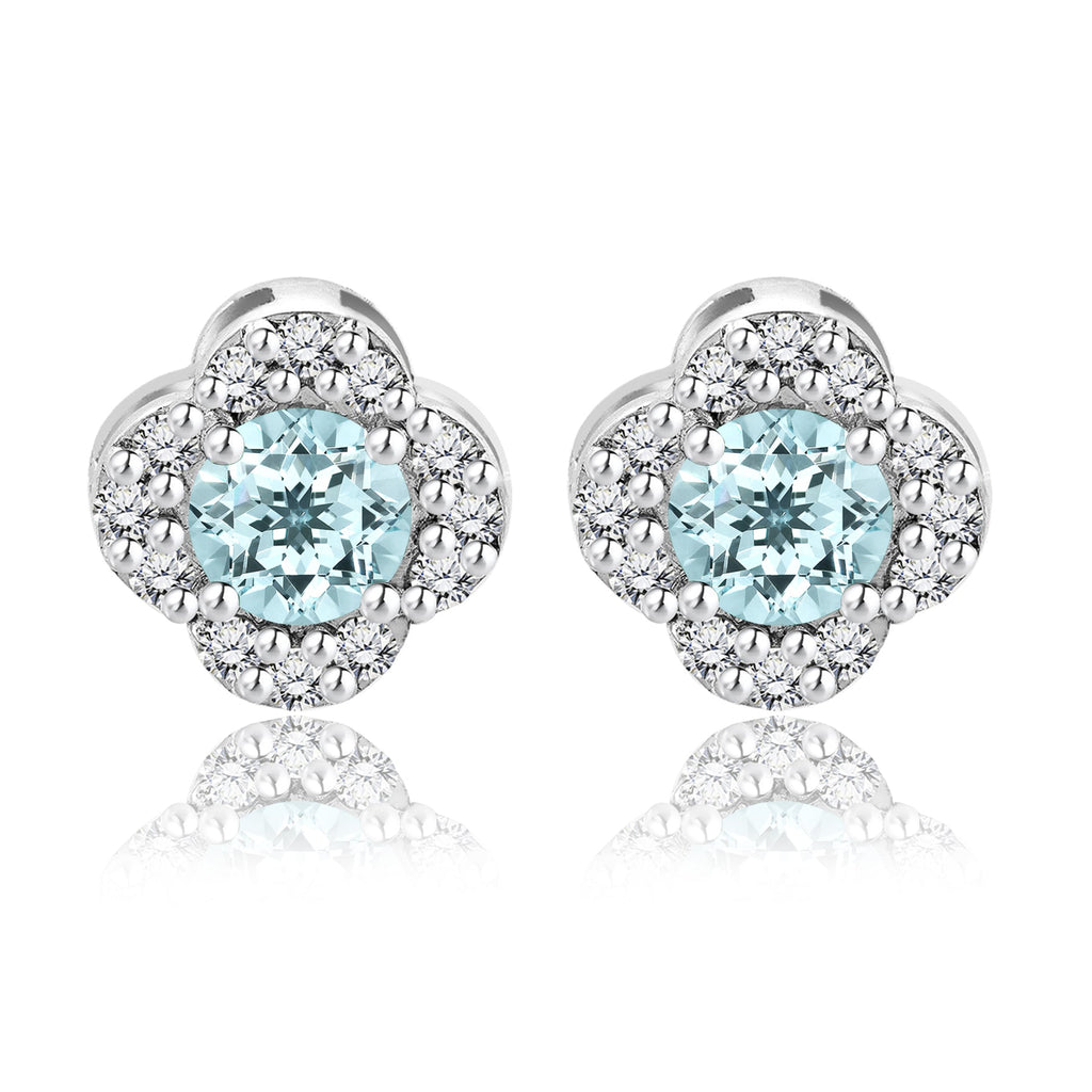 1 carat Beautiful Flower Halo Round Shaped - SWAROVSKI Aquamarine - March Birthstone Stud Earrings in 18K White Gold over Silver