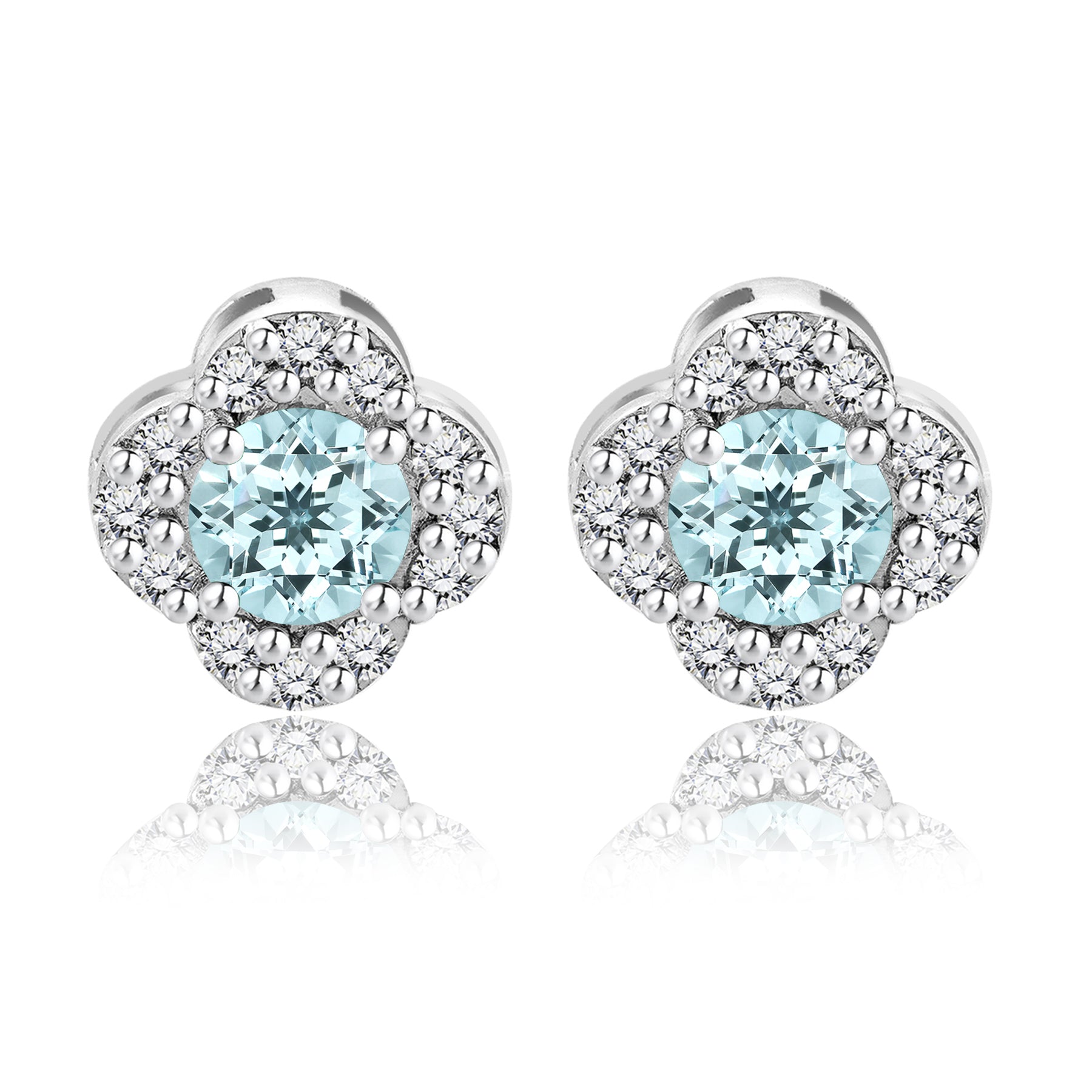 1 carat Beautiful Flower Halo Round Shaped - SWAROVSKI Aquamarine - March Birthstone Stud Earrings in 18K White Gold over Silver