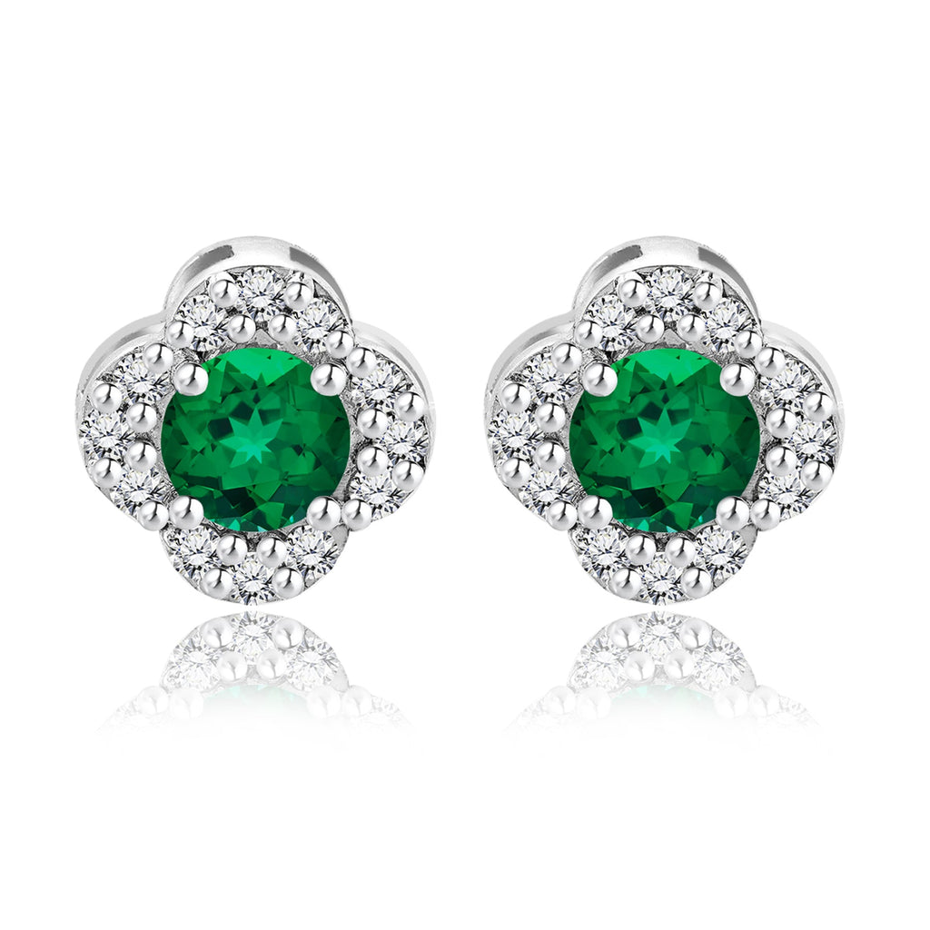 1 carat Beautiful Flower Halo Round Shaped - SWAROVSKI Emerald - May Birthstone Stud Earrings in 18K White Gold over Silver