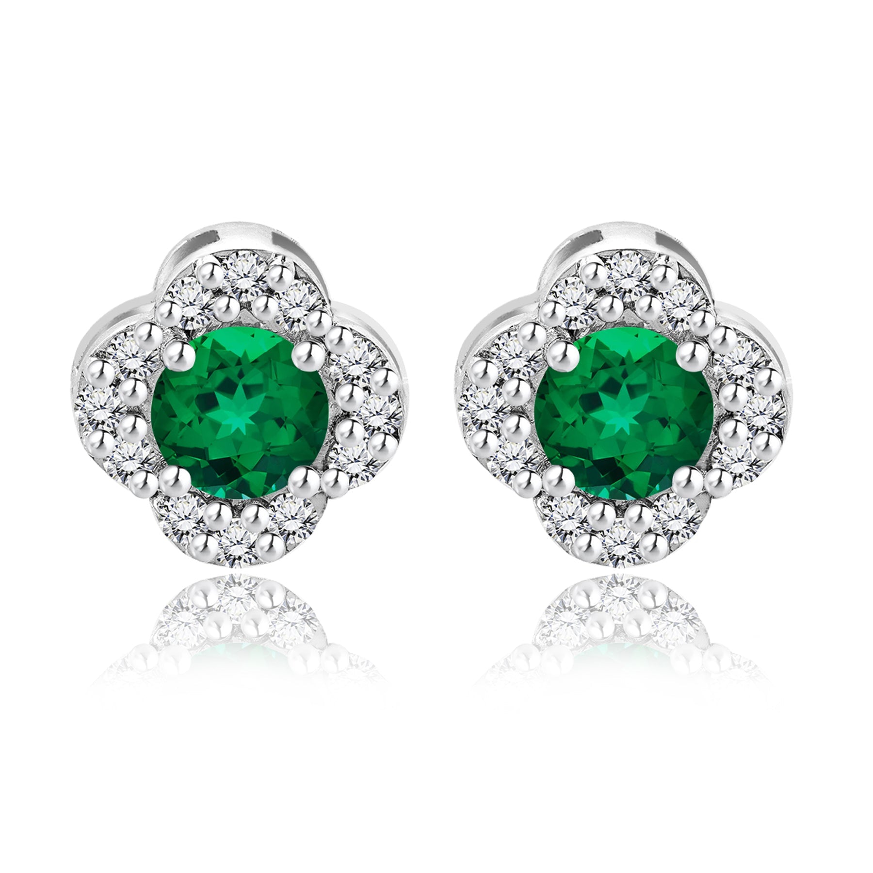 1 carat Beautiful Flower Halo Round Shaped - SWAROVSKI Emerald - May Birthstone Stud Earrings in 18K White Gold over Silver