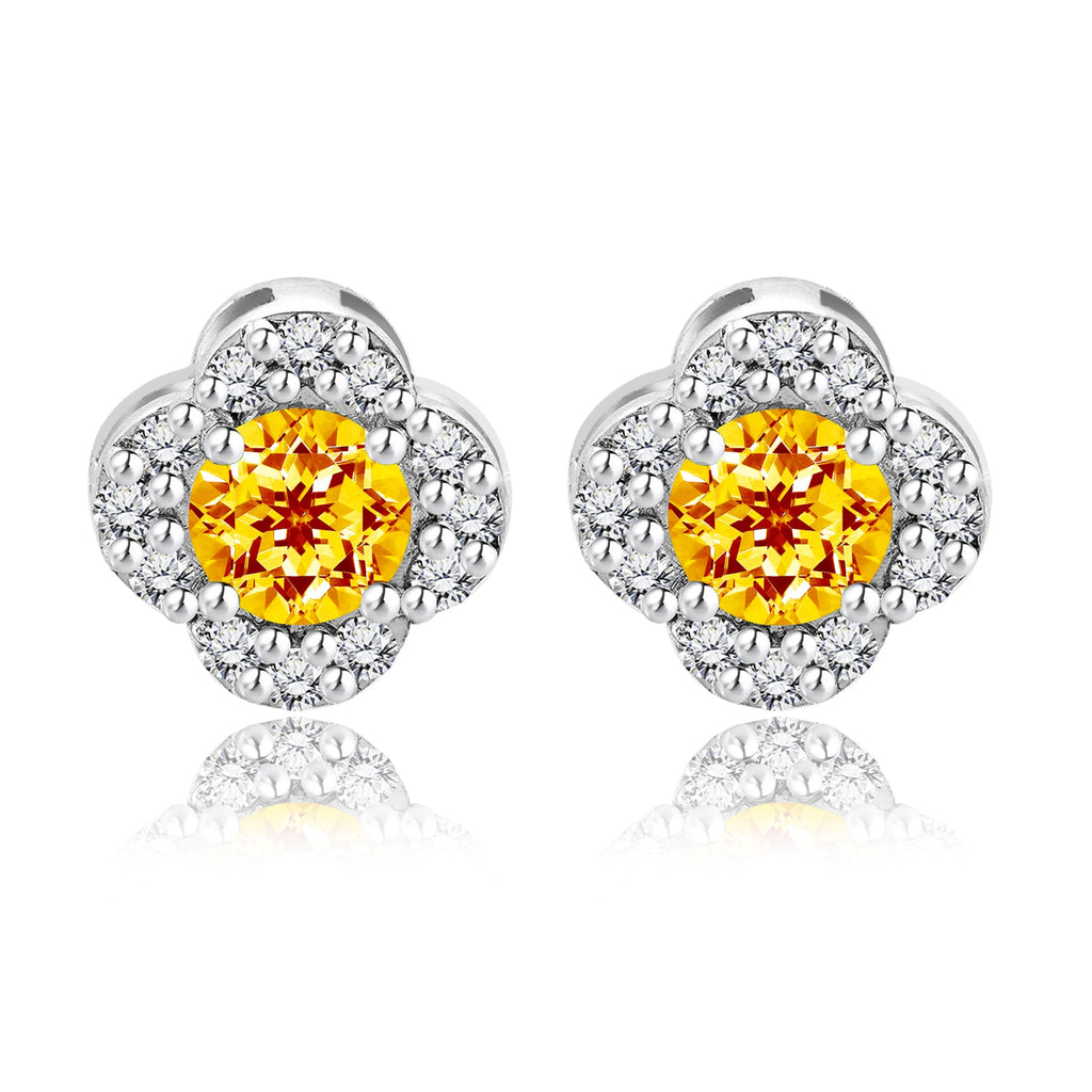1 carat Beautiful Flower Halo Round Shaped - SWAROVSKI Citrine - November Birthstone Stud Earrings in 18K White Gold over Silver