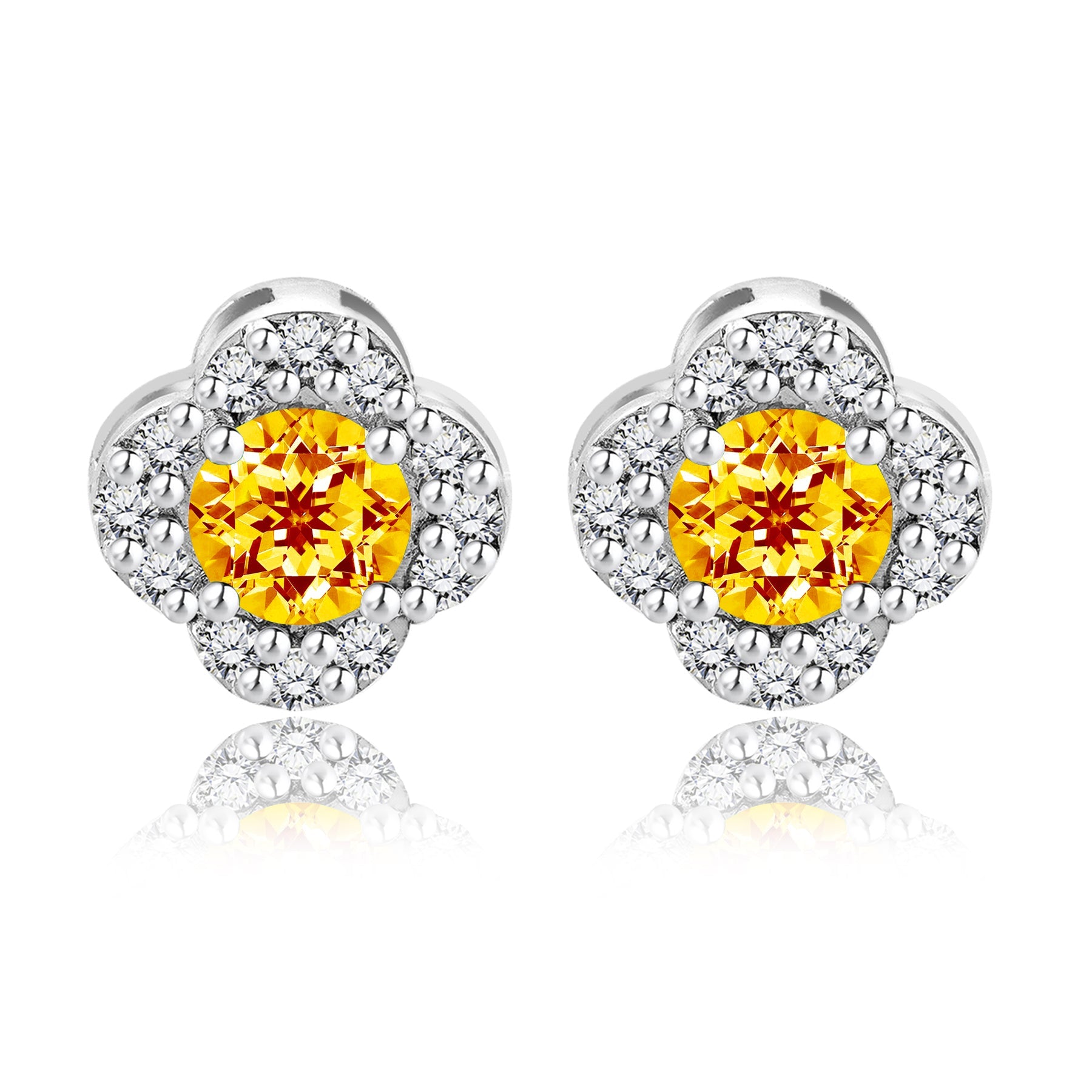 1 carat Beautiful Flower Halo Round Shaped - SWAROVSKI Citrine - November Birthstone Stud Earrings in 18K White Gold over Silver