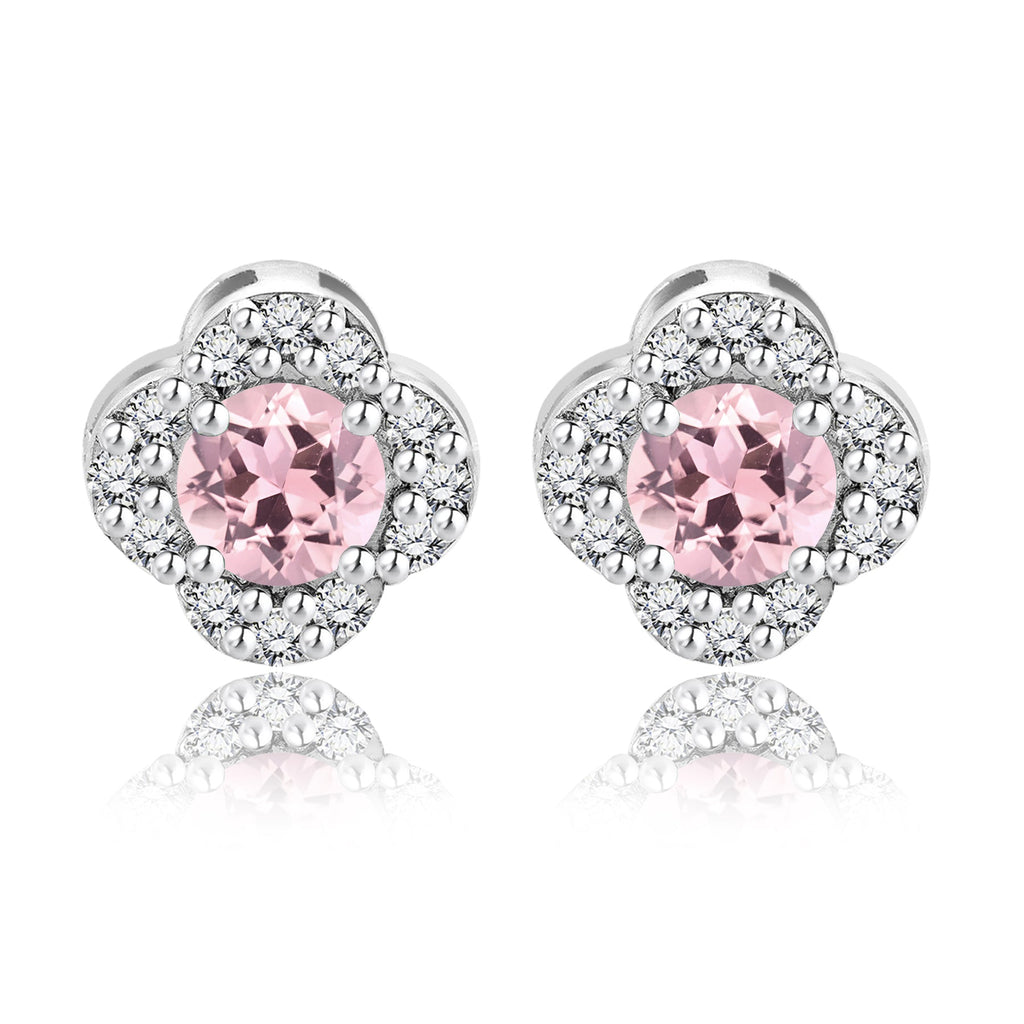 1 carat Beautiful Flower Halo Round Shaped - SWAROVSKI Pink Tourmaline - October Birthstone Stud Earrings in 18K White Gold over Silver