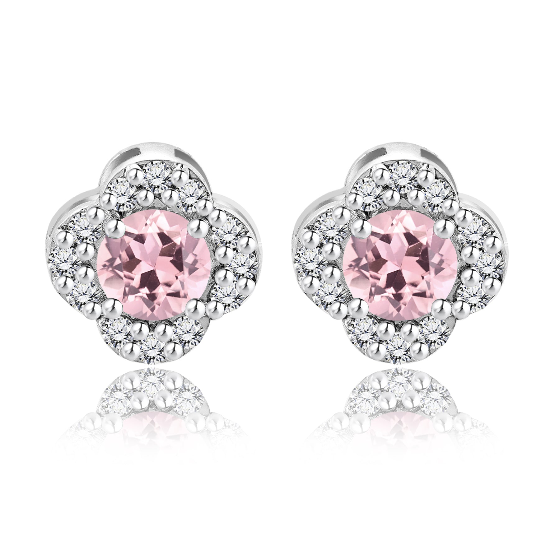 1 carat Beautiful Flower Halo Round Shaped - SWAROVSKI Pink Tourmaline - October Birthstone Stud Earrings in 18K White Gold over Silver