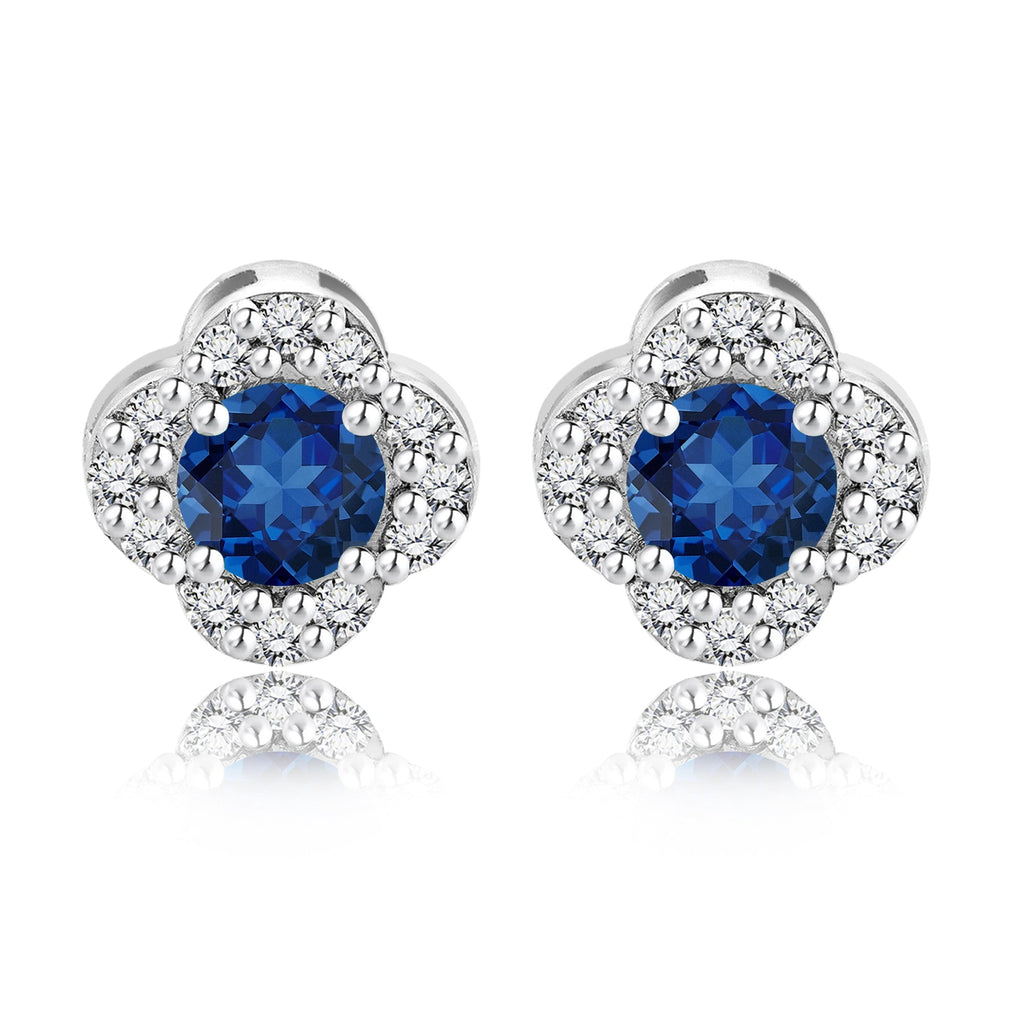 1 carat Beautiful Flower Halo Round Shaped - SWAROVSKI Blue Sapphire - September Birthstone Stud Earrings in 18K White Gold over Silver