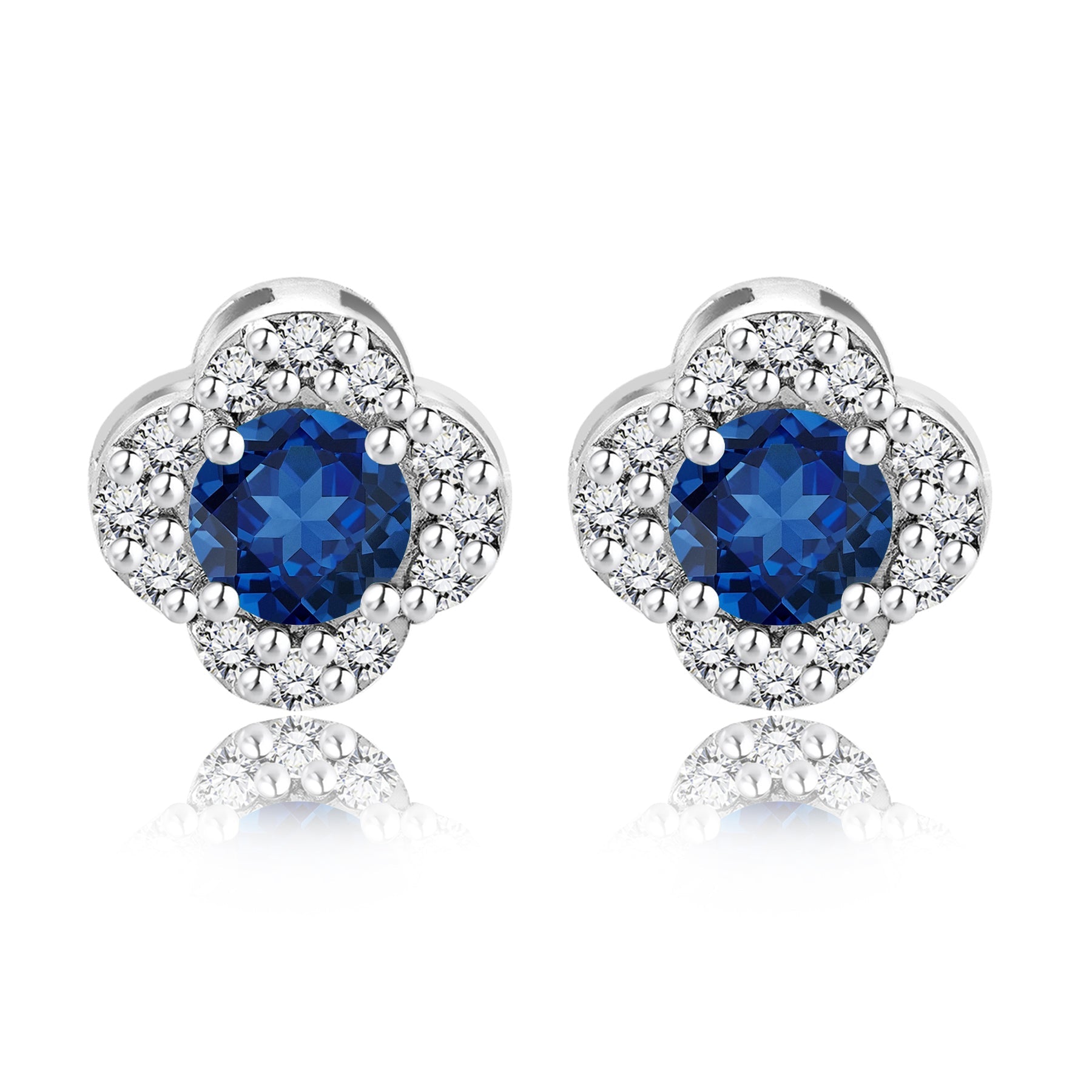 1 carat Beautiful Flower Halo Round Shaped - SWAROVSKI Blue Sapphire - September Birthstone Stud Earrings in 18K White Gold over Silver