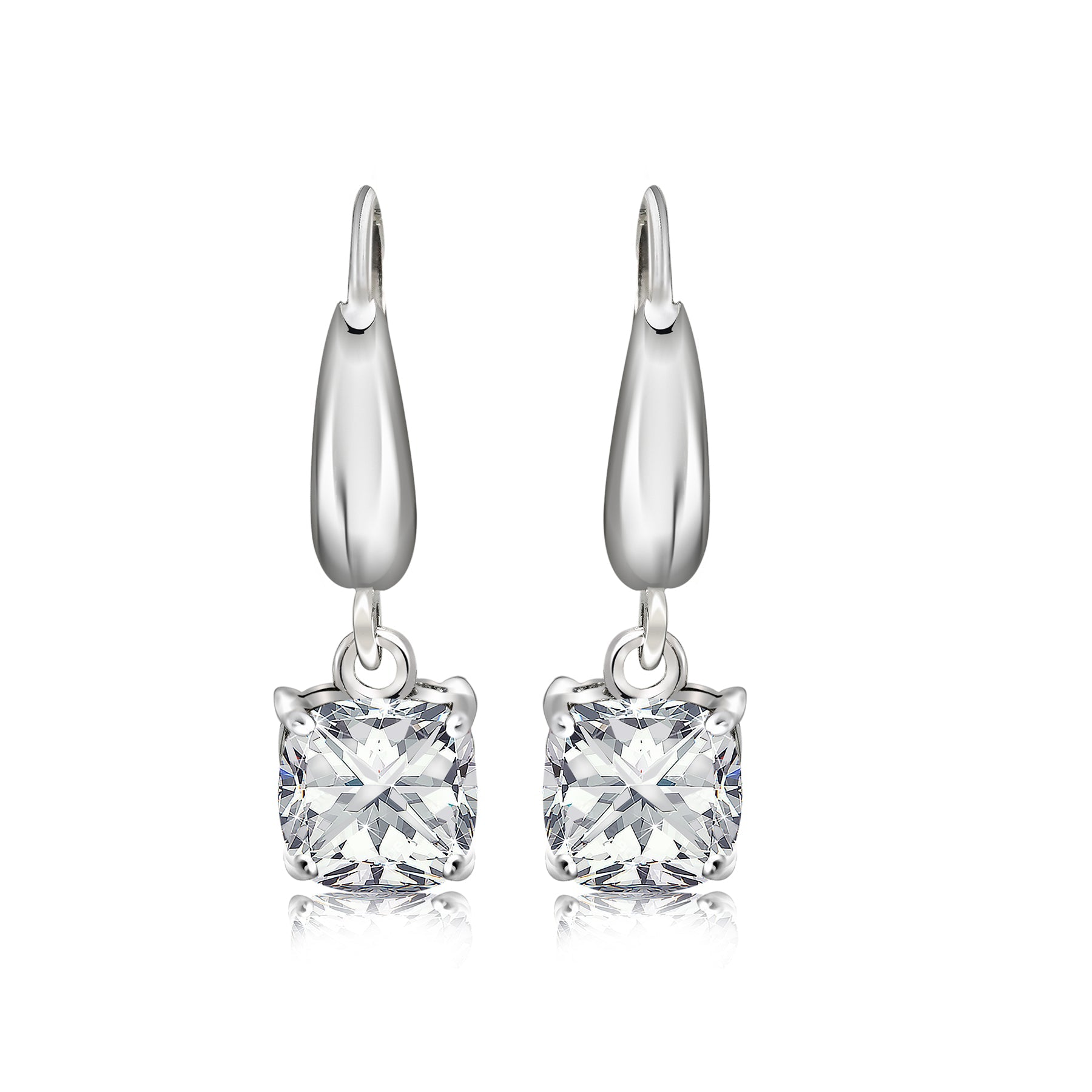 Classic 2 Carat Cushion Cut Moissanite Dangle Earrings for Women in 18K White Gold over Silver
