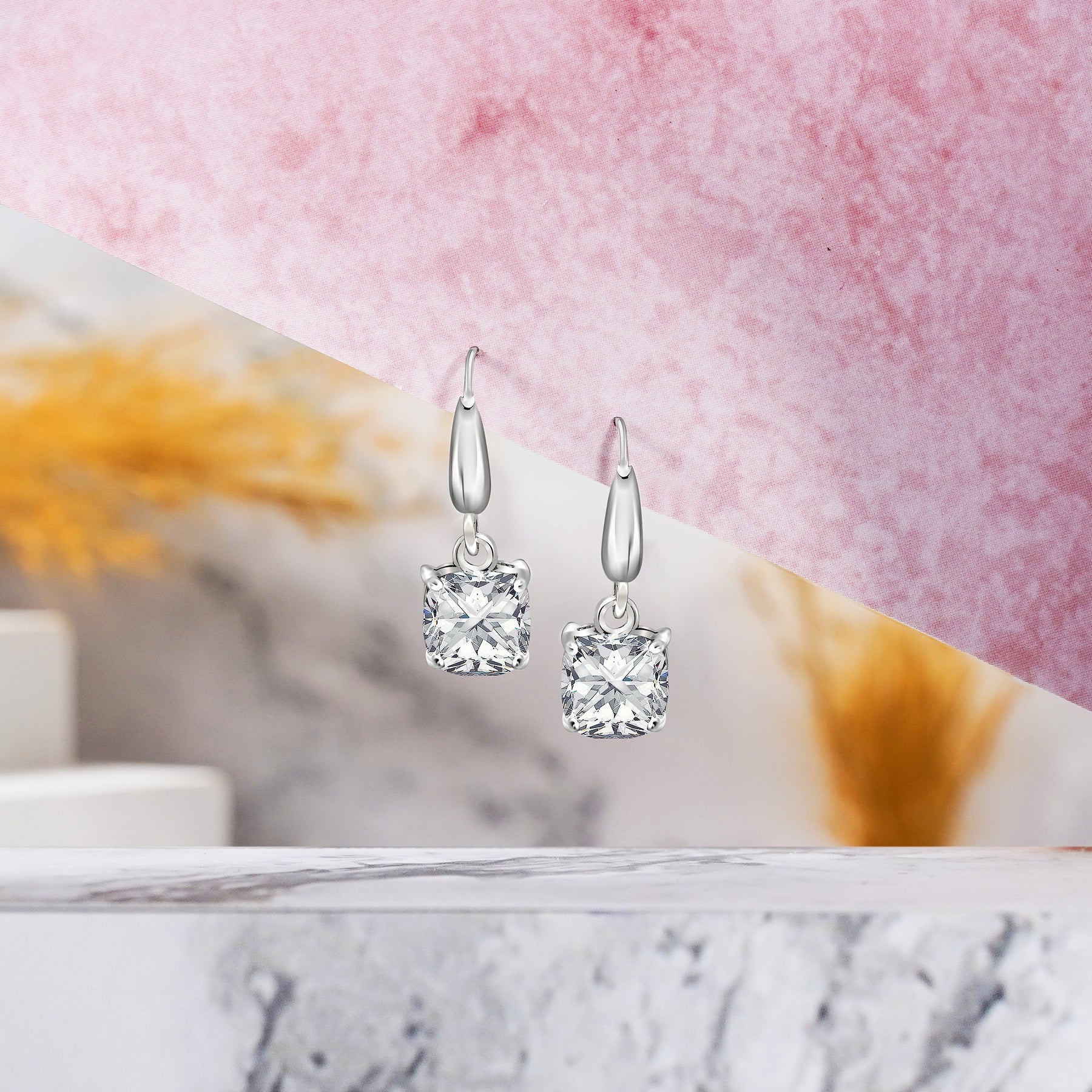 Classic 2 Carat Cushion Cut Moissanite Dangle Earrings for Women in 18K White Gold over Silver